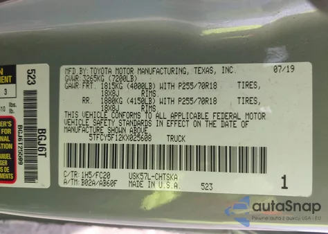 2019 Toyota Tundra Sr5 5.7L V8 z USA, uszkodzony, nr VIN 5TFCY5F12KX025608